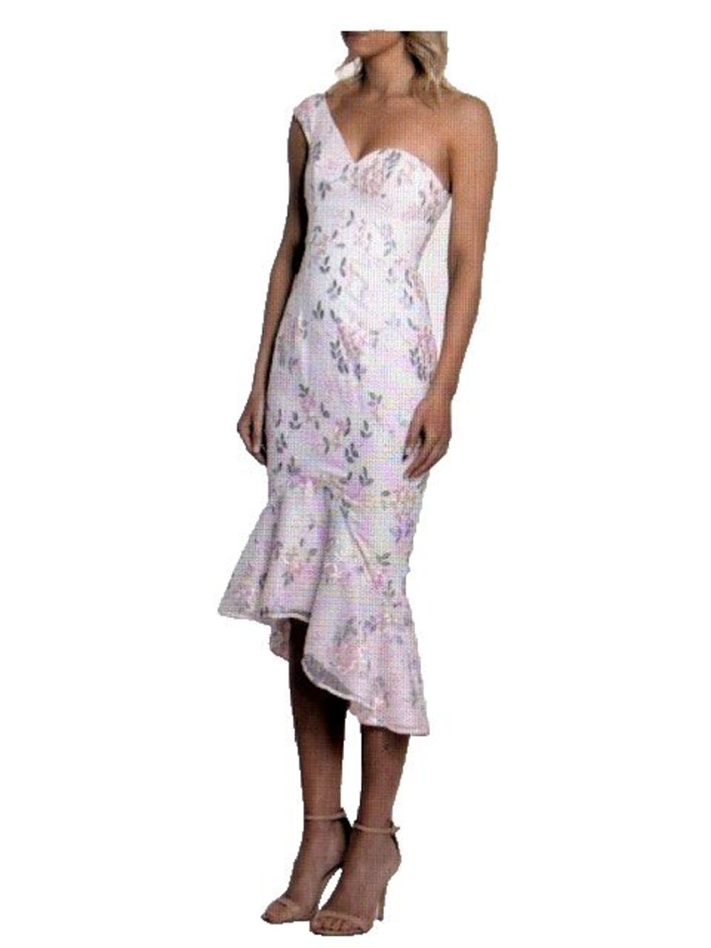 Bariano Gabriella Blush Floral Embroidered One-Shoulder High/Low Dress Sz 10 ***